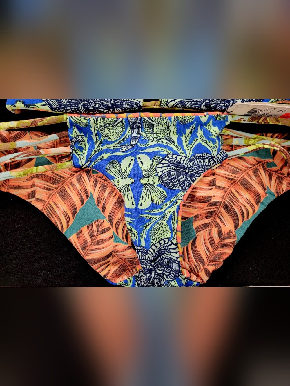 Maaji Blue & Coral Tropical REVERSABLE Bikini Bottom with Strappy Sides